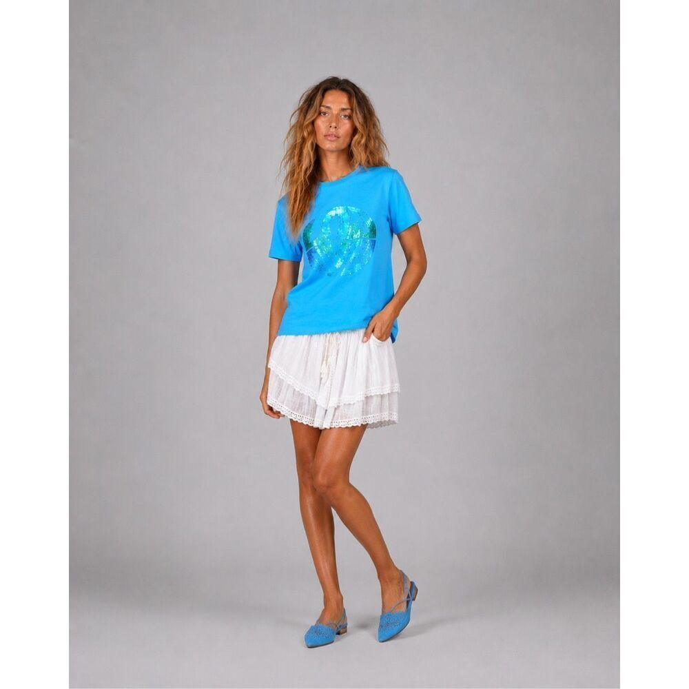 NWT Alberta Ferretti LOVE ME Blue Sequin Logo Cotton T-Shirt Tee Italy Size